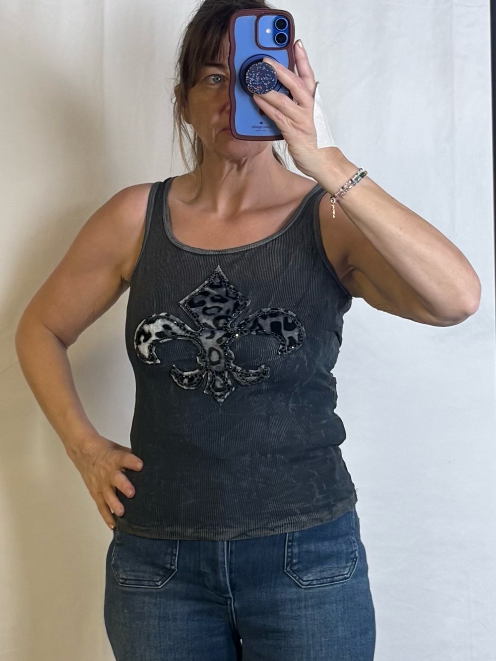 Women's Black Fleur-de-Lis Embellished Tank — Casual Ribbed Stretch